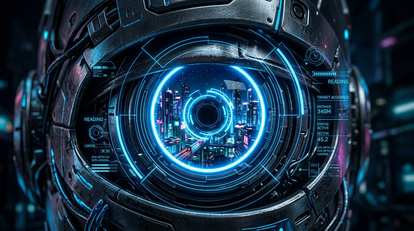 Digital cybernetic eye with city reflection